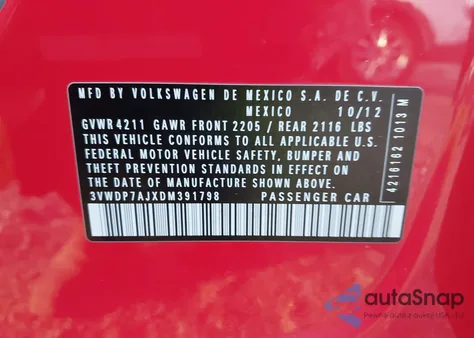 2013 Volkswagen Jetta 2.5L Se from USA, damaged, VIN 3VWDP7AJXDM391798